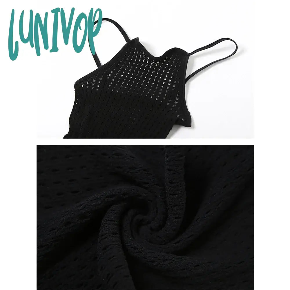 Lunivop Black Jumpsuit Womens See Through Hollow Out Knit Mesh Bodycon Jumpsuits Sexy Baddies