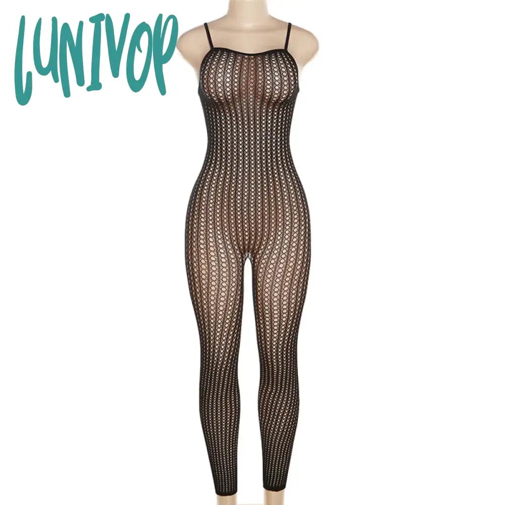 Lunivop Black Jumpsuit Womens See Through Hollow Out Knit Mesh Bodycon Jumpsuits Sexy Baddies