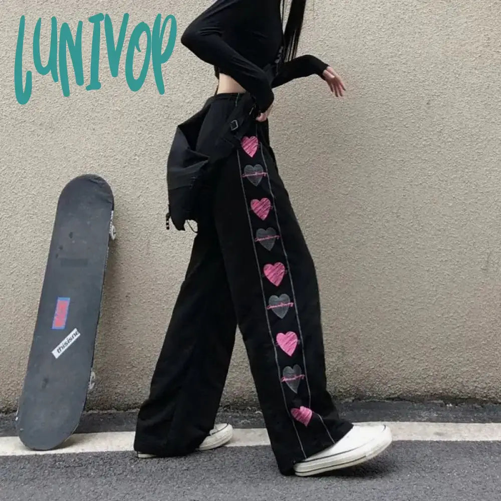 Lunivop Black Korean Heart Print Pants Cute Girl Harajuku Trousers Female Streetwear Summer Autumn