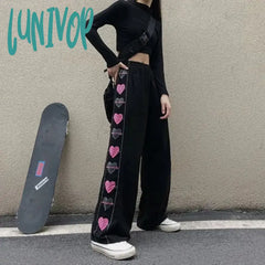 Lunivop Black Korean Heart Print Pants Cute Girl Harajuku Trousers Female Streetwear Summer Autumn