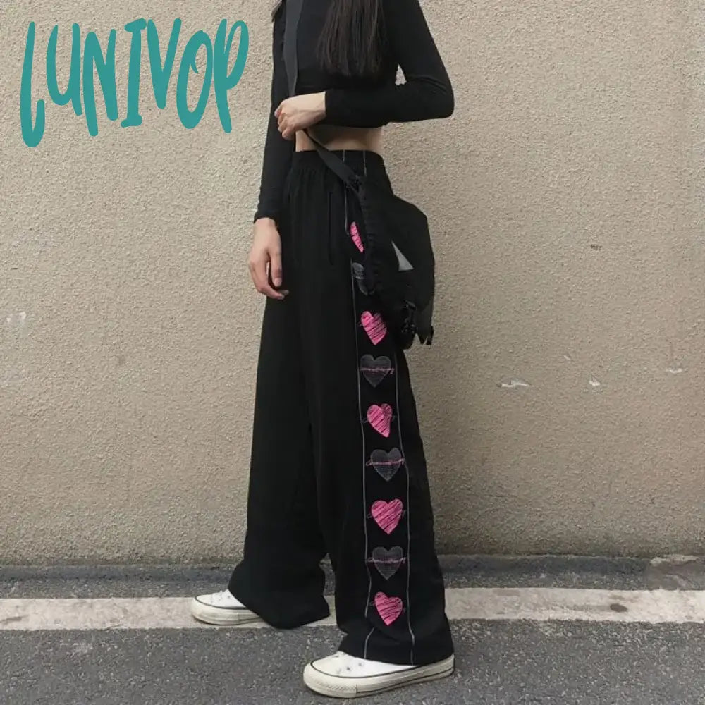 Lunivop Black Korean Heart Print Pants Cute Girl Harajuku Trousers Female Streetwear Summer Autumn