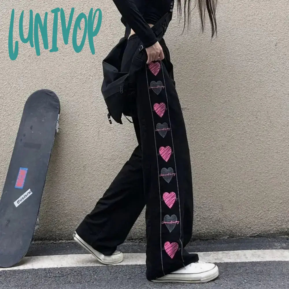 Lunivop Black Korean Heart Print Pants Cute Girl Harajuku Trousers Female Streetwear Summer Autumn