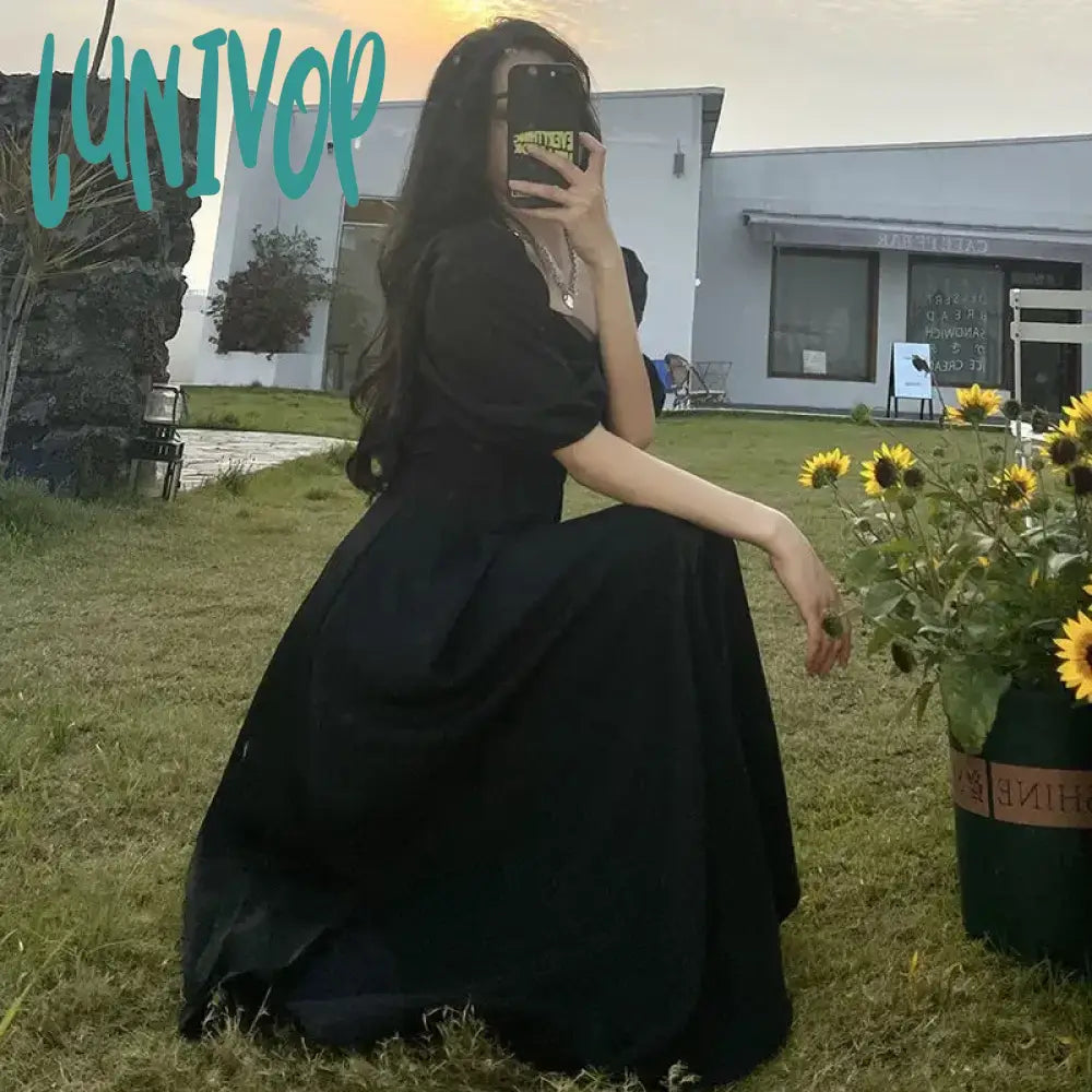 Lunivop Black Long Maxi Dress Summer For Women Goth Elegant Party Midi Vintage Clothing Korean