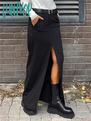 Lunivop Black Long Skirt For Women Casual Streetwear High Waist Slim Bodycon Skirts Split Out