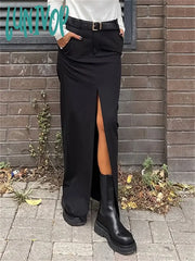 Lunivop Black Long Skirt For Women Casual Streetwear High Waist Slim Bodycon Skirts Split Out