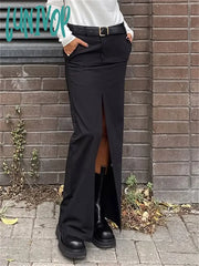 Lunivop Black Long Skirt For Women Casual Streetwear High Waist Slim Bodycon Skirts Split Out