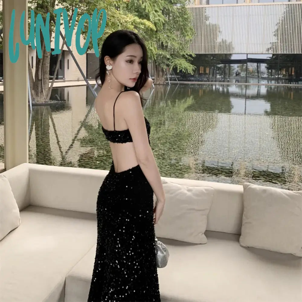 Lunivop Black Sequins Halter Dress Women’s 2024 New Summer Fashion Backless Sexy Elegant Party