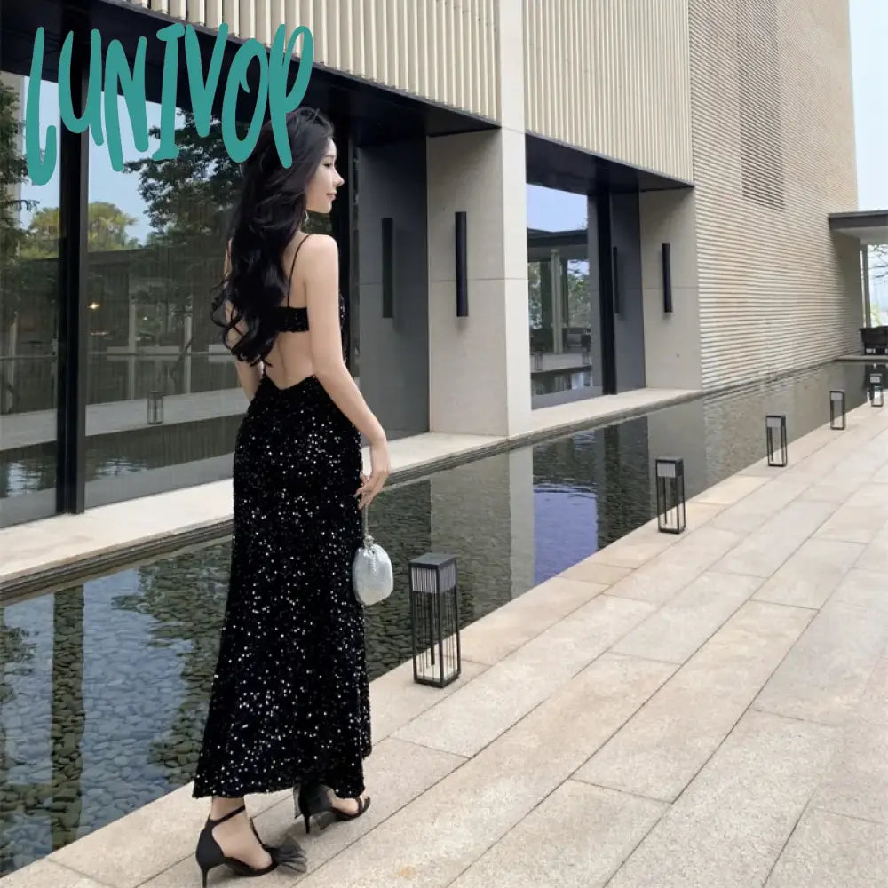 Lunivop Black Sequins Halter Dress Women’s 2024 New Summer Fashion Backless Sexy Elegant Party