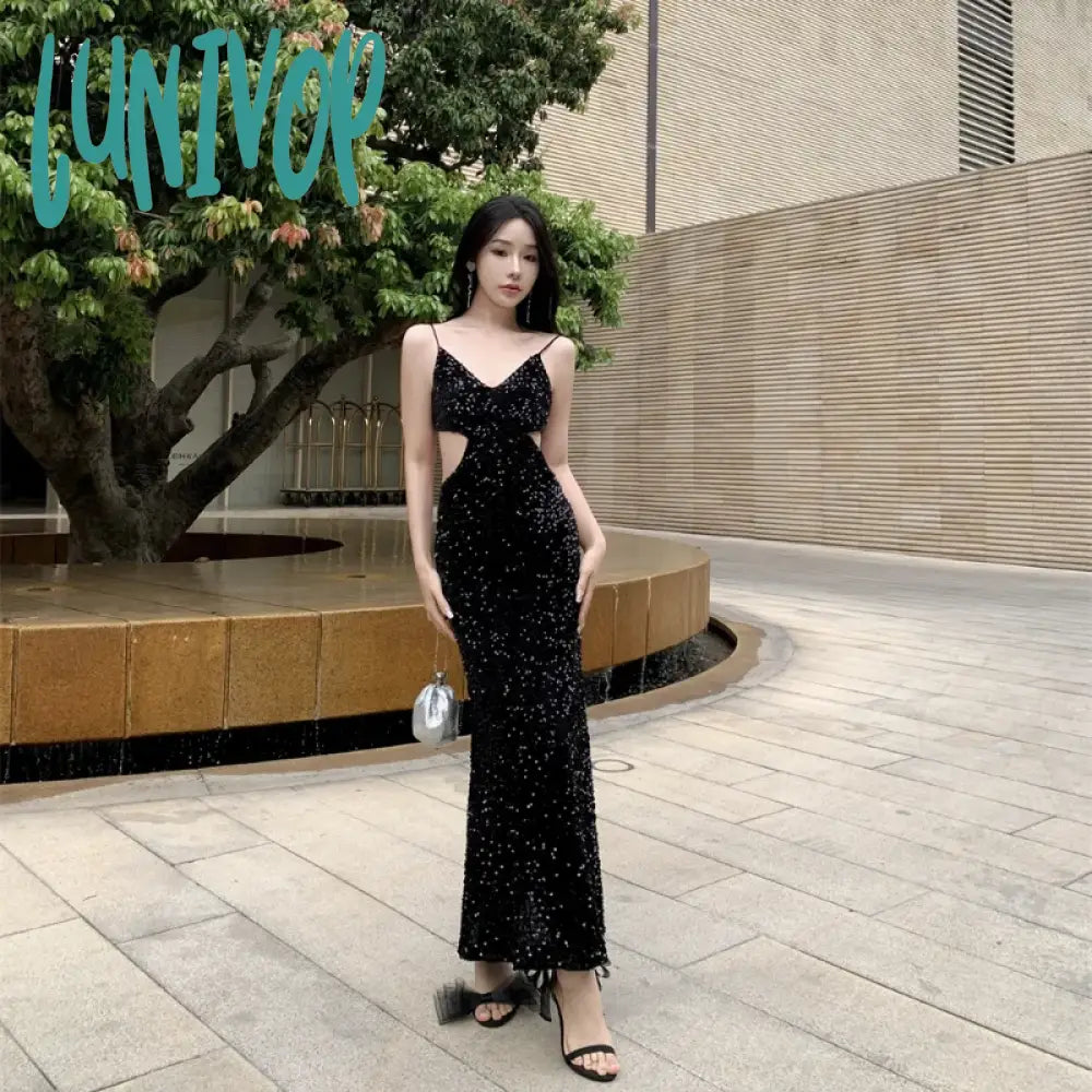 Lunivop Black Sequins Halter Dress Women’s 2024 New Summer Fashion Backless Sexy Elegant Party