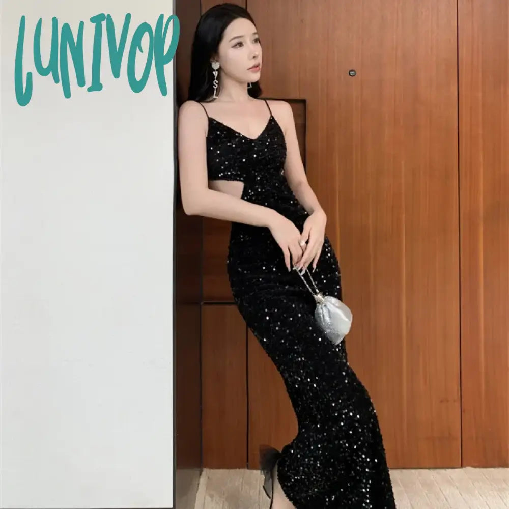 Lunivop Black Sequins Halter Dress Women’s 2024 New Summer Fashion Backless Sexy Elegant Party