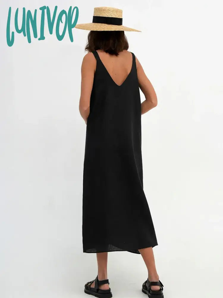 Lunivop Black V Neck Split Maxi Dress New Simple Fashion Sleeveless Female Dresses Summer Loose