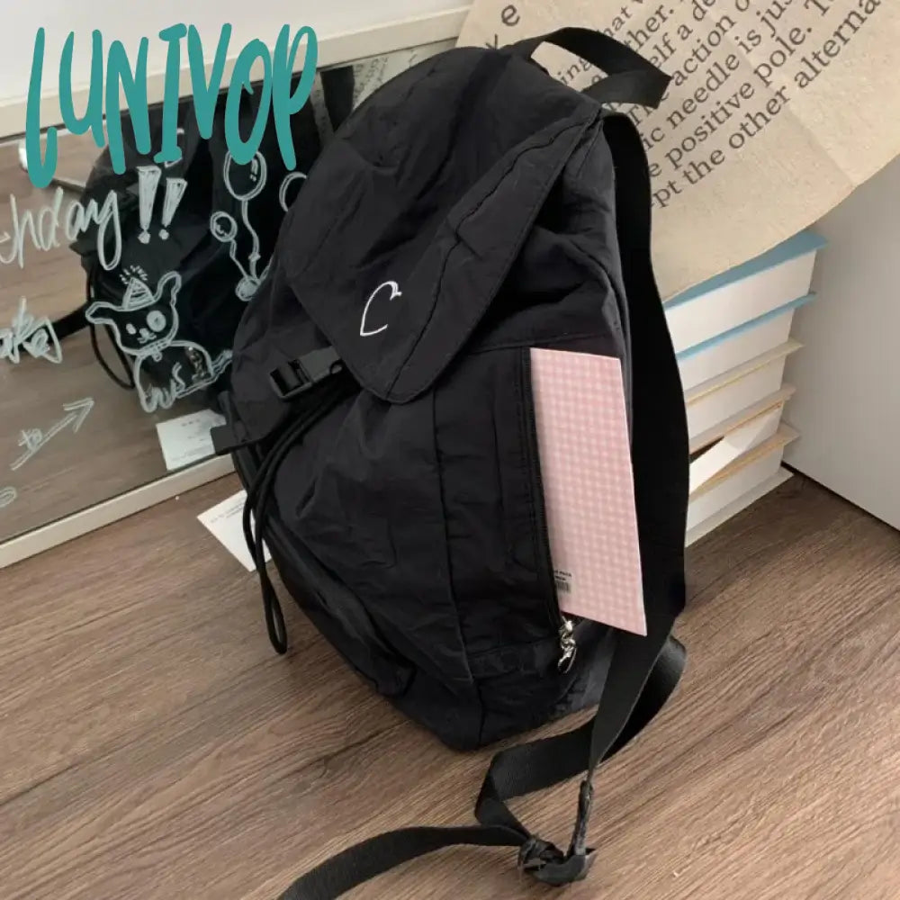 Lunivop Black Womens Backpack Love Embroidery Nylon Korean Style Fashion Casual Backpacks Large