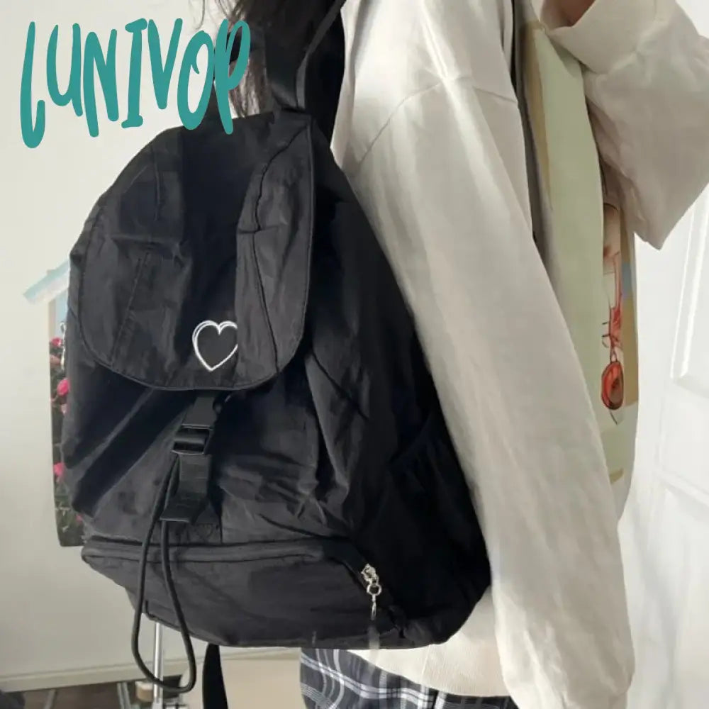 Lunivop Black Womens Backpack Love Embroidery Nylon Korean Style Fashion Casual Backpacks Large