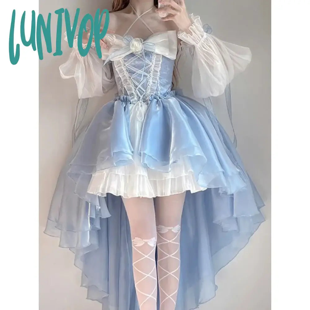 Lunivop Blue Elegant Dress Design Short Before Long Flowers Marry Big Bow Tail Princess Sleeve