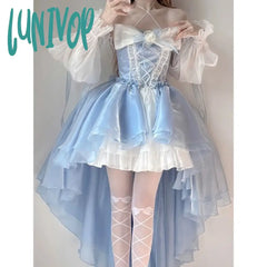 Lunivop Blue Elegant Dress Design Short Before Long Flowers Marry Big Bow Tail Princess Sleeve