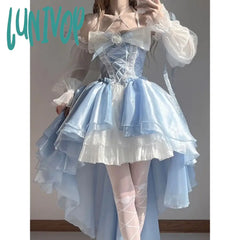 Lunivop Blue Elegant Dress Design Short Before Long Flowers Marry Big Bow Tail Princess Sleeve