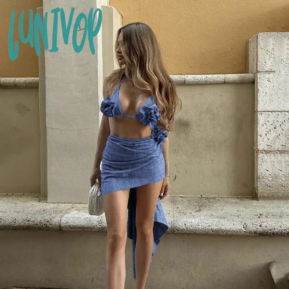Lunivop Blue Irregular Skirt Sets Women Sexy Halter Crop Top And Midi Outfits Summer Fashion Flower