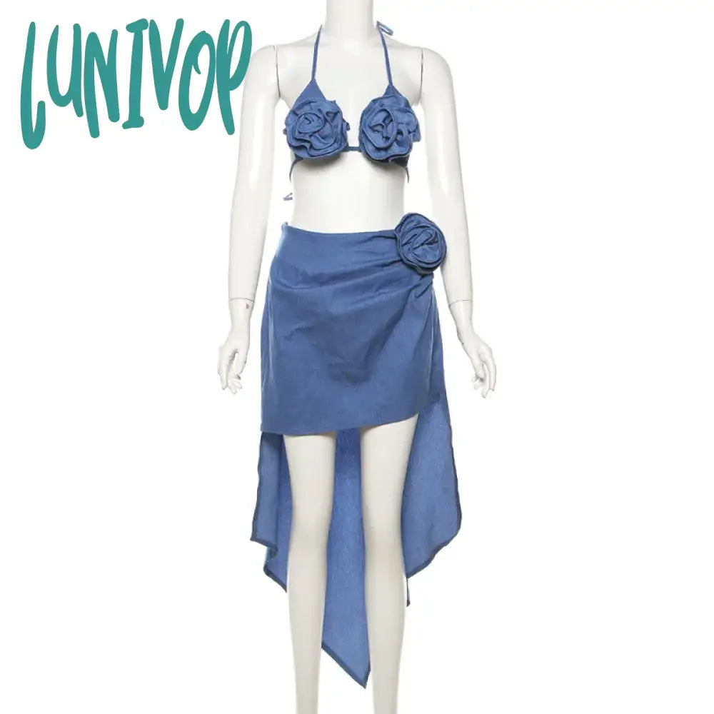 Lunivop Blue Irregular Skirt Sets Women Sexy Halter Crop Top And Midi Outfits Summer Fashion Flower