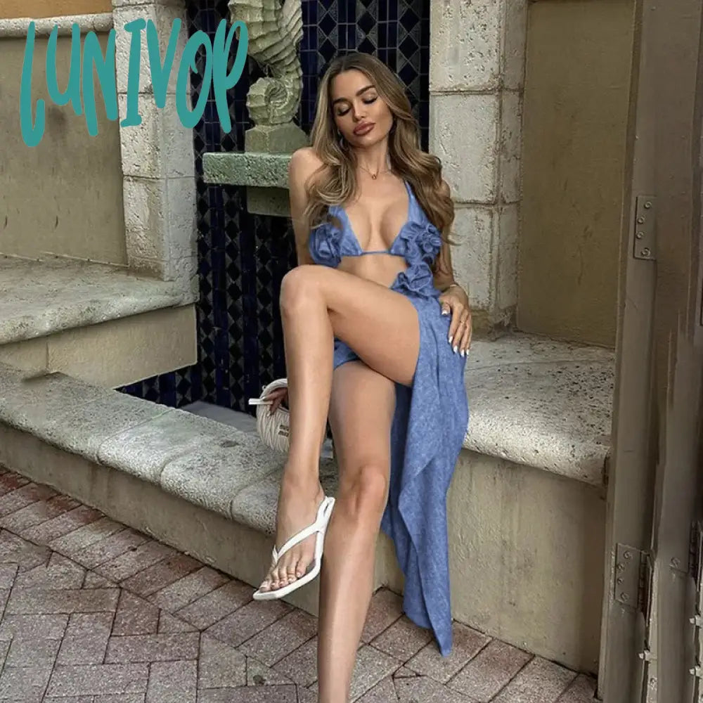 Lunivop Blue Irregular Skirt Sets Women Sexy Halter Crop Top And Midi Outfits Summer Fashion Flower