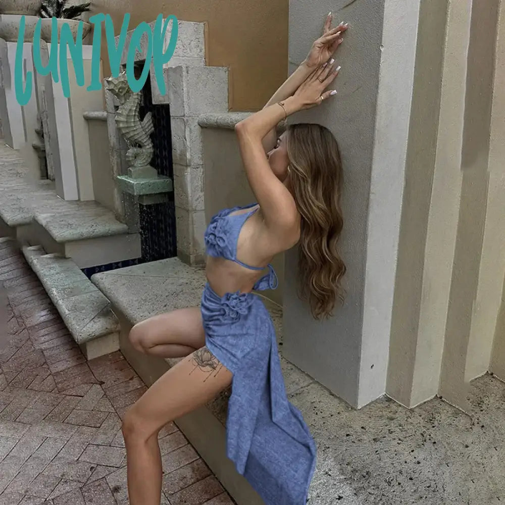 Lunivop Blue Irregular Skirt Sets Women Sexy Halter Crop Top And Midi Outfits Summer Fashion Flower