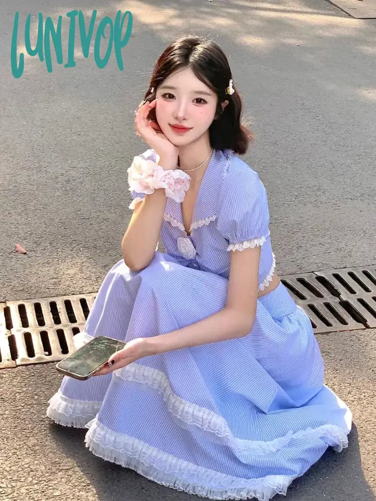 Lunivop Blue Striped Sweet Two Piece Set Women Lace France Elegant Long Skirts Suit Female Korean