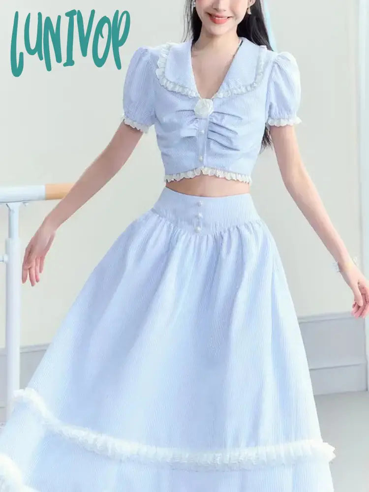 Lunivop Blue Striped Sweet Two Piece Set Women Lace France Elegant Long Skirts Suit Female Korean