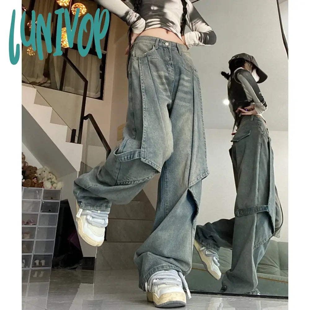 Lunivop Blue Women Jeans Vintage High Waist Chic American Fashion Y2K Streetwear Wide Leg Jean