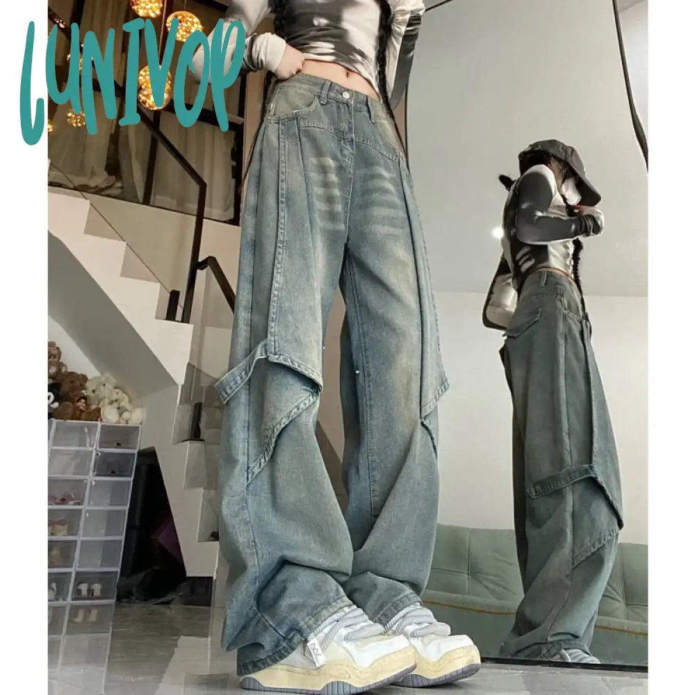 Lunivop Blue Women Jeans Vintage High Waist Chic American Fashion Y2K Streetwear Wide Leg Jean