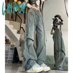 Lunivop Blue Women Jeans Vintage High Waist Chic American Fashion Y2K Streetwear Wide Leg Jean
