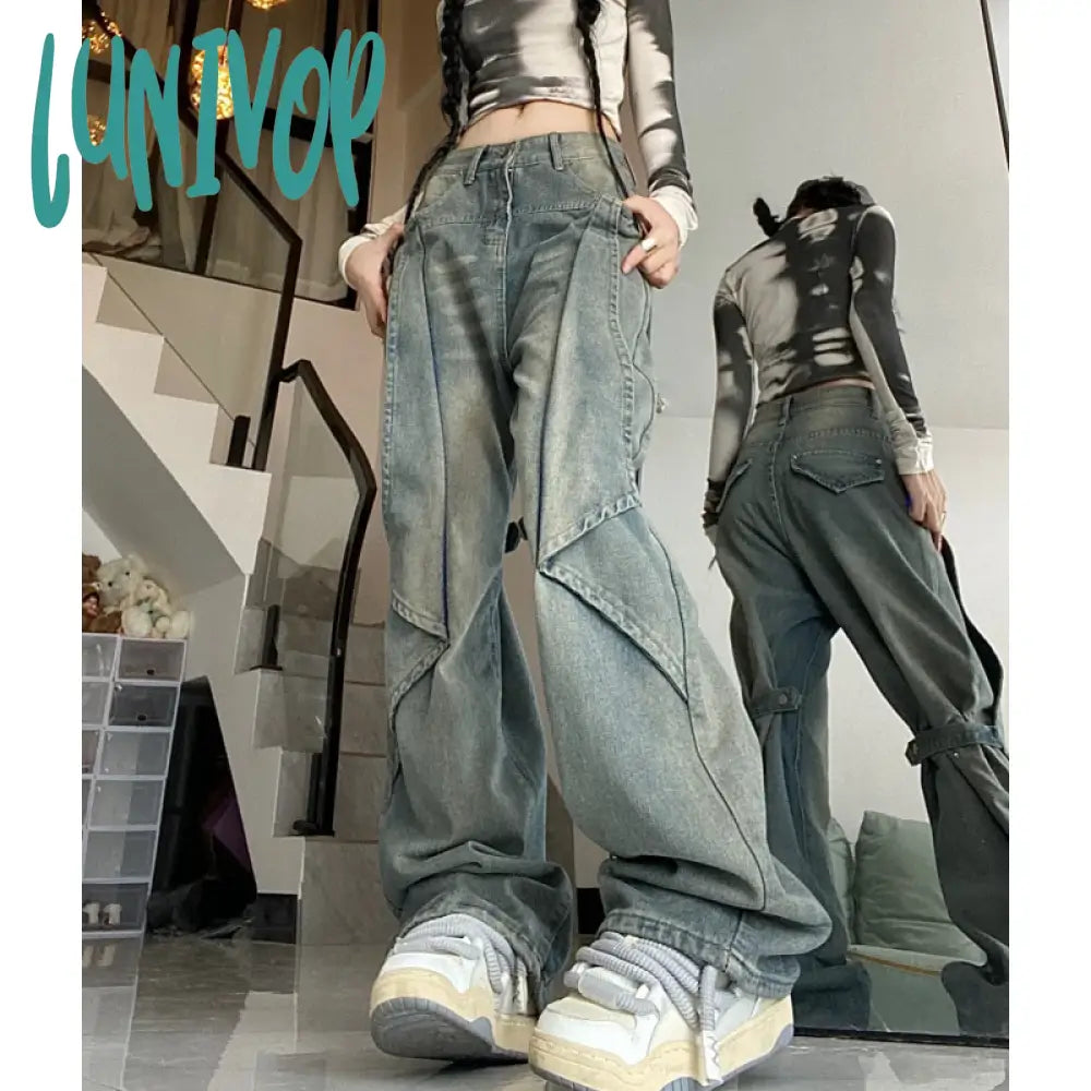 Lunivop Blue Women Jeans Vintage High Waist Chic American Fashion Y2K Streetwear Wide Leg Jean