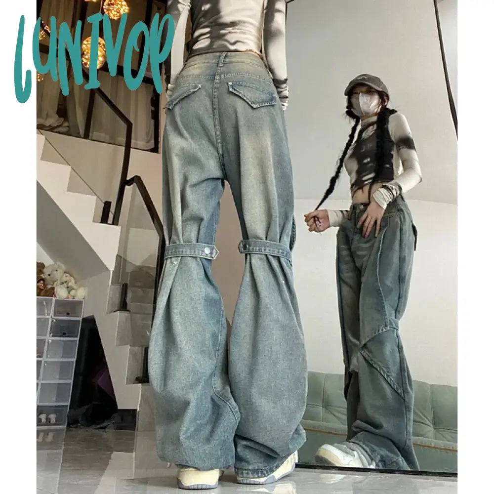 Lunivop Blue Women Jeans Vintage High Waist Chic American Fashion Y2K Streetwear Wide Leg Jean