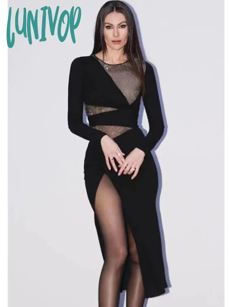 Lunivop Bodycon Bandage Dress Sexy Long Sleeve O Neck Diamonds Black Mini Women Celebrity Fashion