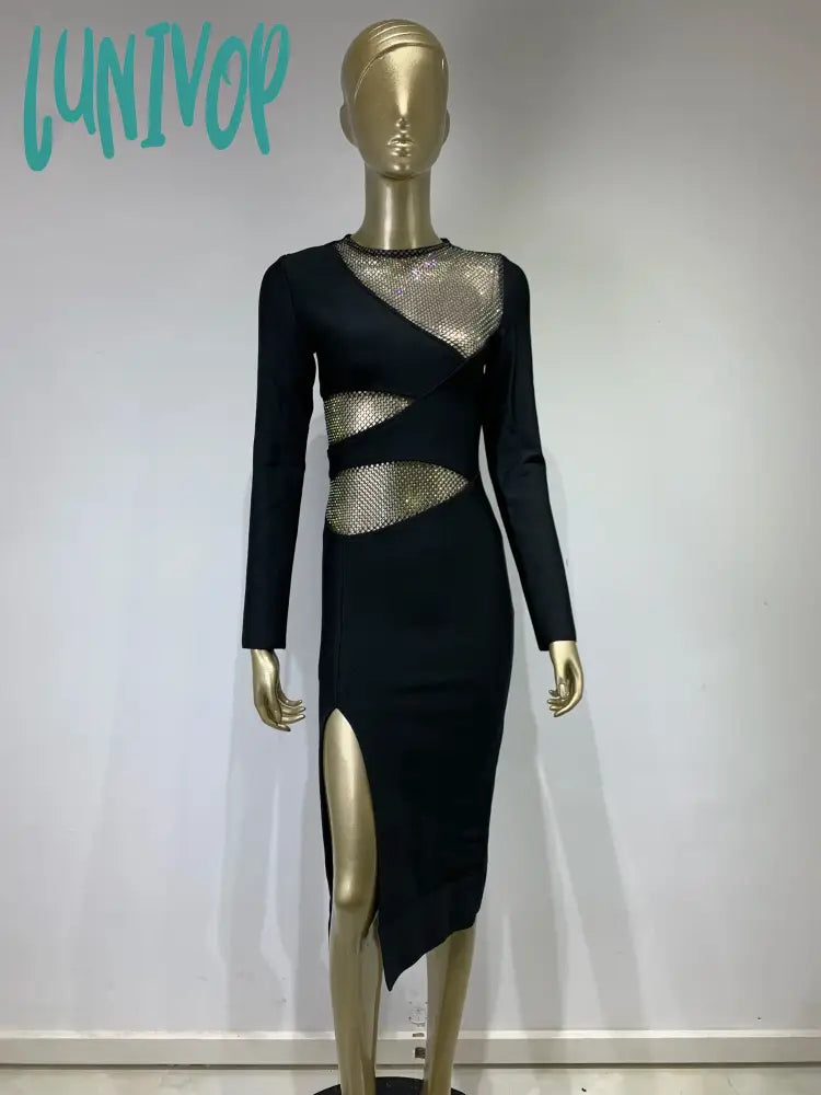 Lunivop Bodycon Bandage Dress Sexy Long Sleeve O Neck Diamonds Black Mini Women Celebrity Fashion