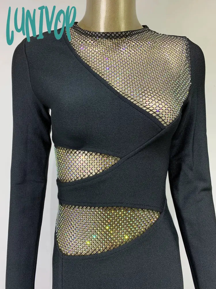 Lunivop Bodycon Bandage Dress Sexy Long Sleeve O Neck Diamonds Black Mini Women Celebrity Fashion