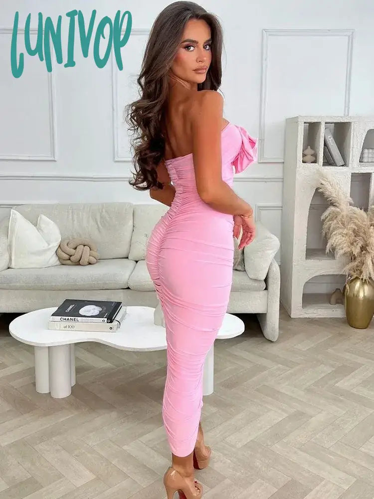 Lunivop Bodycon Flower Dress Women Off Shoulder Folds Sexy Backless Sheath Femme Beach Casual