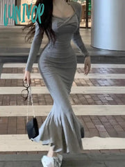 Lunivop Bodycon Midi Dresses Women Korean Fashion Sexy Slim Waist Solid Dress Female Even Party