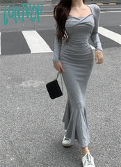 Lunivop Bodycon Midi Dresses Women Korean Fashion Sexy Slim Waist Solid Dress Female Even Party