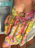 Lunivop Boho Bow Ruched Bra Corset Style Flower Print Spaghetti Strap Mini Dress Women Backless