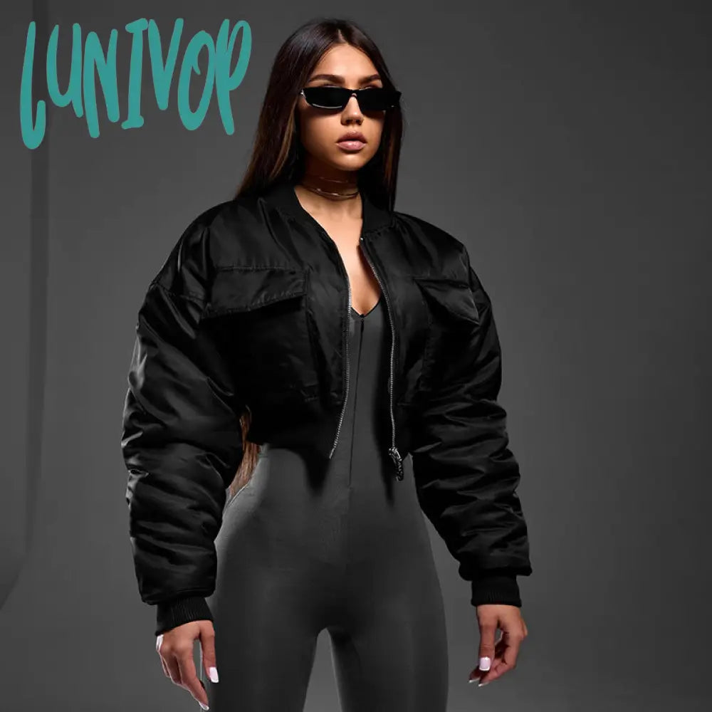 bomber jacket Women's Hot Winter New Solid Color Zipper Long Sleeve Warm Short Cotton Jacket Top