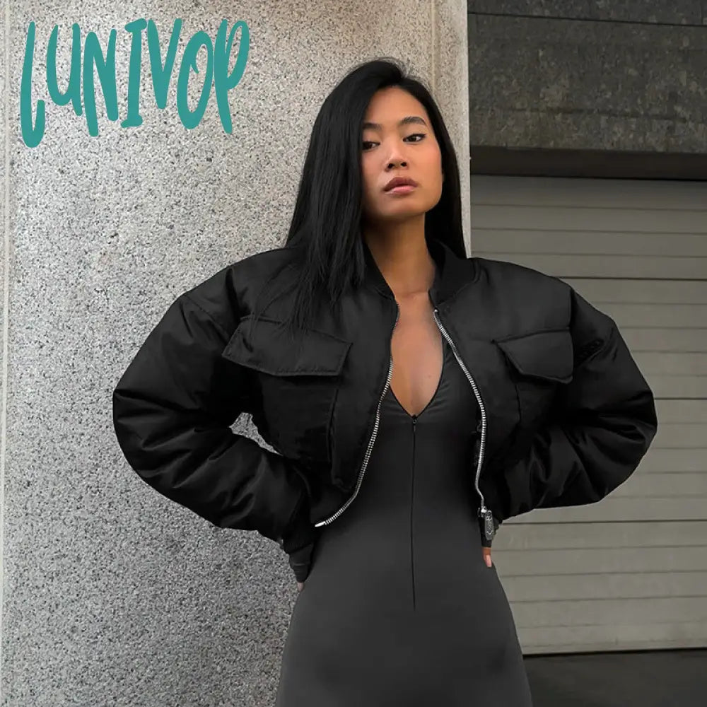 bomber jacket Women's Hot Winter New Solid Color Zipper Long Sleeve Warm Short Cotton Jacket Top