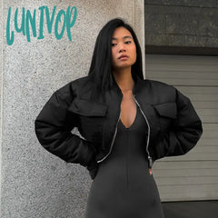 bomber jacket Women's Hot Winter New Solid Color Zipper Long Sleeve Warm Short Cotton Jacket Top