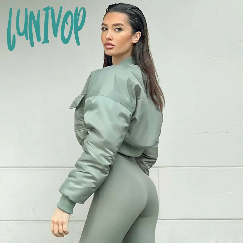 bomber jacket Women's Hot Winter New Solid Color Zipper Long Sleeve Warm Short Cotton Jacket Top