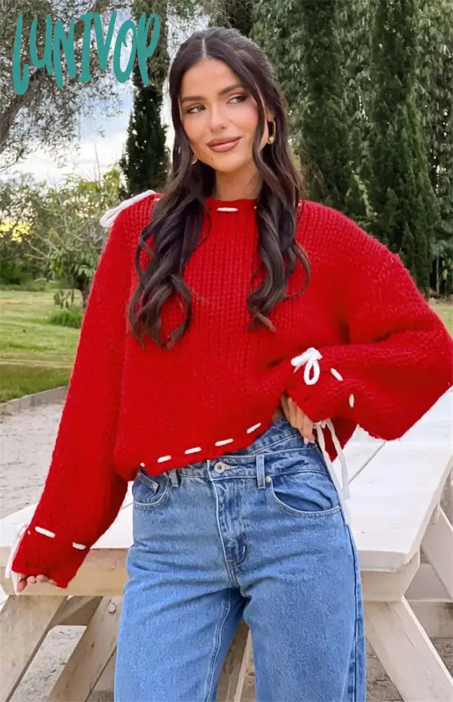 Lunivop Bow Knitted Lace Up Sweater Top Elegant Long Sleeve Off Shoulder Loose O-Neck Contrast