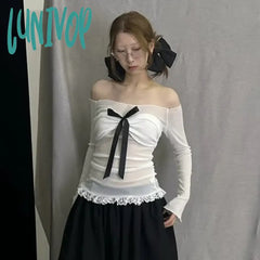 Lunivop Bow Off Shoulder Long Sleeve Top Y2K Coquette White Tshirts Women Fitted Tee Korean Style