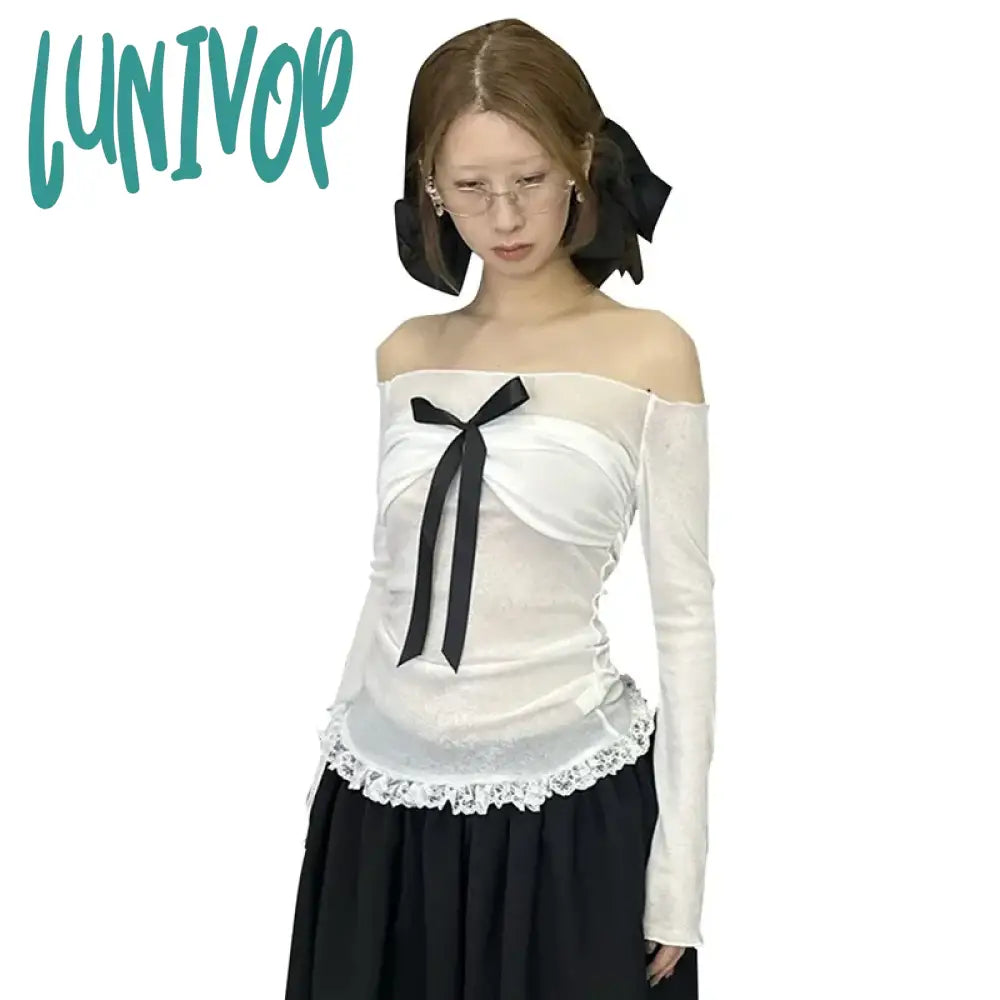 Lunivop Bow Off Shoulder Long Sleeve Top Y2K Coquette White Tshirts Women Fitted Tee Korean Style