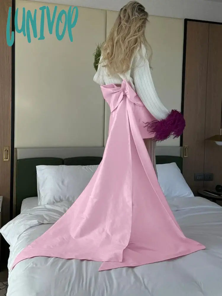 Lunivop Bow Splice Mini Skirts For Women 2024 New Pink Temperament Sheath Skirt Lady Party Elegant