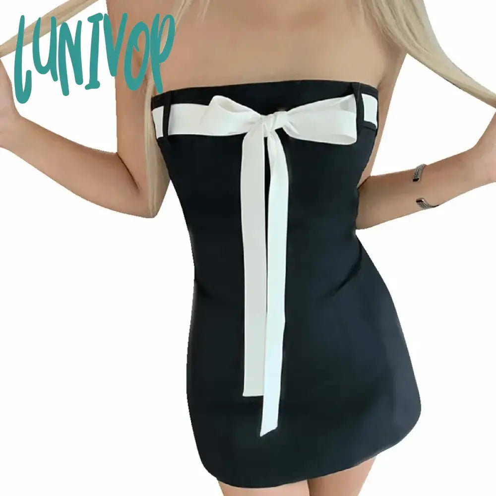 Lunivop Bow Tie Tube Top Backless Mini Dresses For Women Y2K Sexy Cute Black Dress Party Night Club