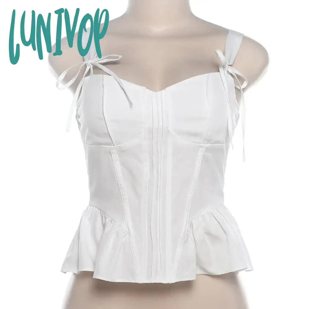 Lunivop Bow V-Neck Solid Color Slim Camisole For Women Elegant High Waisted Patchwork Sleeveless