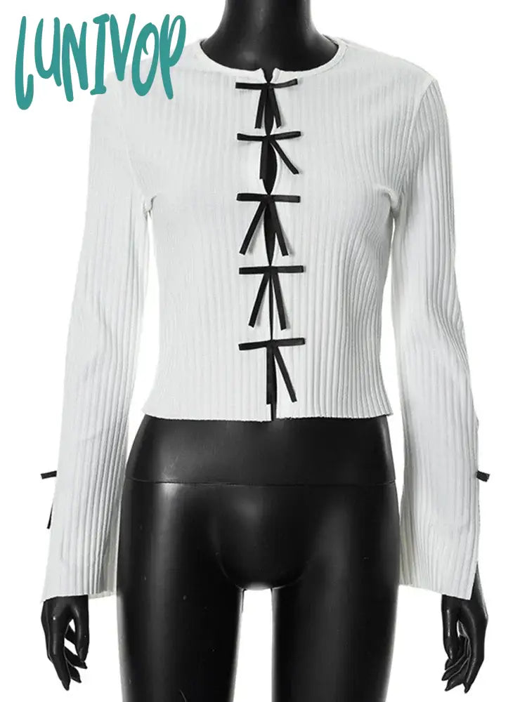 Lunivop Bows Cutout Long Sleeved Cropped Top Female Fashion Thin Slim Knitted T-Shirt Pulover Sexy
