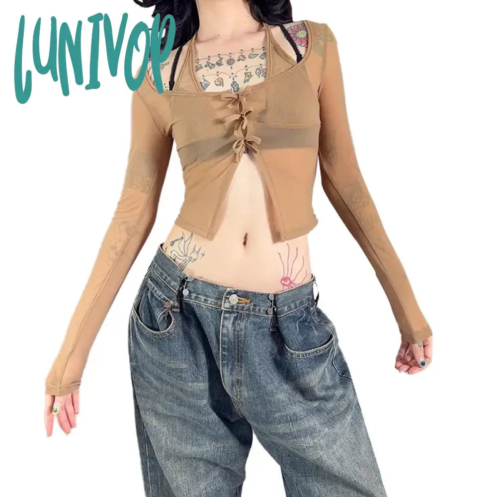 Lunivop Bows Halterneck Long Sleeve Crop Tops Y2K Streetwear See Through Mesh T Shirts For Woman